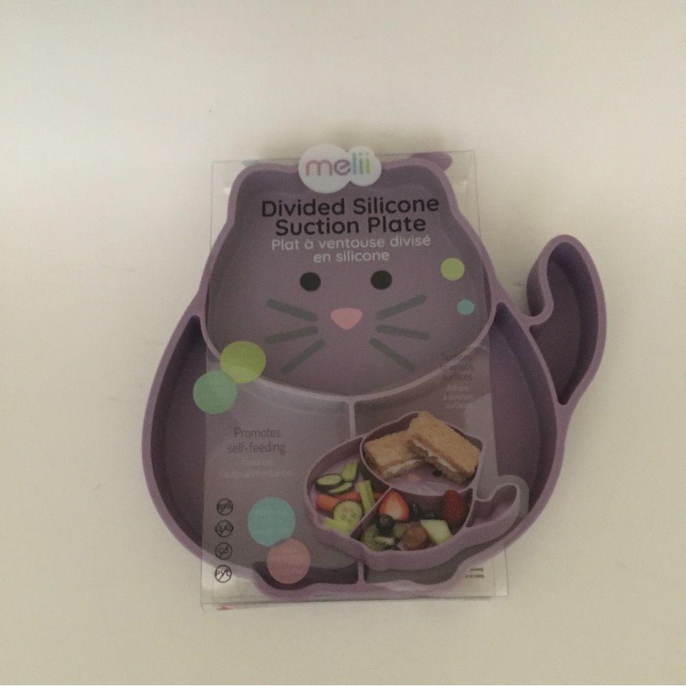 Melii Divided Silicone Suction Plate Microwave and Freezer Safe NEW Purple Cat